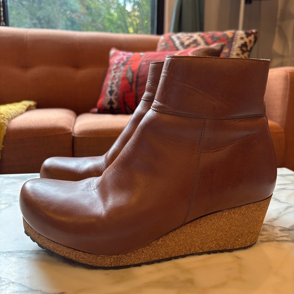 Papillio Birkenstock Ebba Cognac Brown Leather Wedge Ankle Boots Size 40